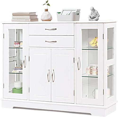 GiantexUK Kitchen Sideboard, Wooden Buffet Cabinet with 2 Slide Drawers and 5 Adjustable Shelves, Freestanding Storage Cupboard Unit for Living Room, Dining Room and Hallway (White)