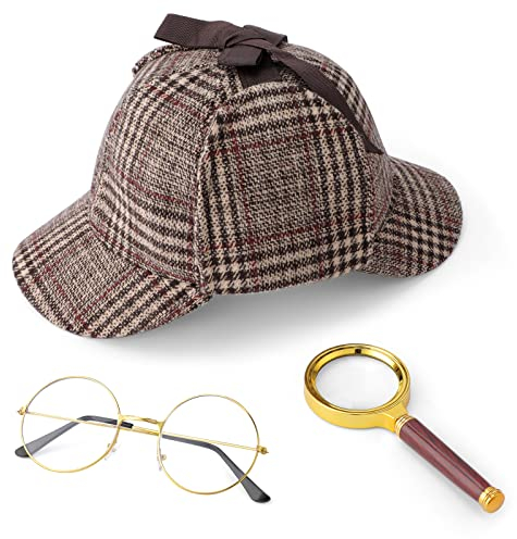 Hifot 3 Conjuntos De Accesorios De Ropa De Detective, Gorra De Detective, Lupa De Gafas Retro De Borde Dorado, Gafas Sin Lente, Papel De Detective, Accesorios De Juego De rol De Detective
