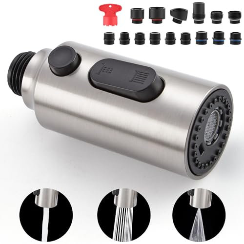 HEISOK Küchenarmatur-Sprühkopf-Ersatz, ausziehbarer Wasserhahnkopf, Ersatz mit 15 Adaptern, 3 Funktionen, Sprühdüse für Küchenarmatur, Ersatz-Wasserhahnkopf, gebürstetes Nickel