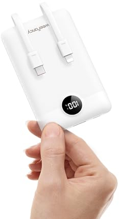 Batterie Externe Portable 10000mAh, WeeFancy Power Bank Charge Rapide PD 22.5W avec 2 Câbles Intégrés & USB C Sortie, Ultra Mince Légère Portable Chargeur, Universel Compatible iPhone/Samsung, Blanc
