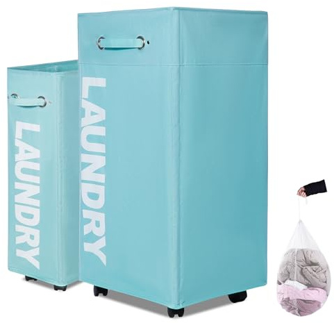 Caroeas Panier à Linge 108L avec Roulettes, Pliable et Étroit, Grande Capacité, Bac de Rangement sur Roues pour Petit Espace，Bleu clair