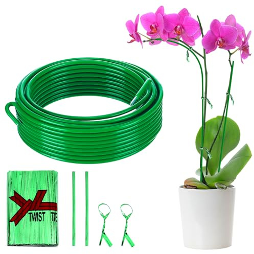 32ft Bendable & Cuttable Plant Stakes, Green Orchid Flower Stem Support Sticks with 800 Ties for Monsteras Money Trees Indoor Potted Plants Beans