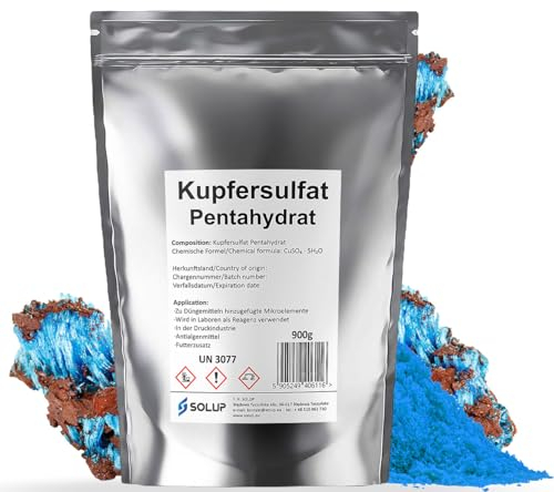 SOLUP Kupfersulfat Pentahydrat 900g I CuSO4 * 5H2O Kupfervitriol I Kupfersulfat für Pool I Pferd I Kupfersulfat für Garten für Pool, Labor, Werkstatt, Kristallzucht I für Bäume Pulver (900 g)