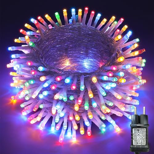 Moxled Lichterkette Außen 10m 100LED, Bunt Lichterkette Außen Strom mit Timer Speicherfunktion, Transparente Kabel, Wasserdicht 8 Modi Weihnachtsbeleuchtung für Außen Innen Garten Baum Weihnachten