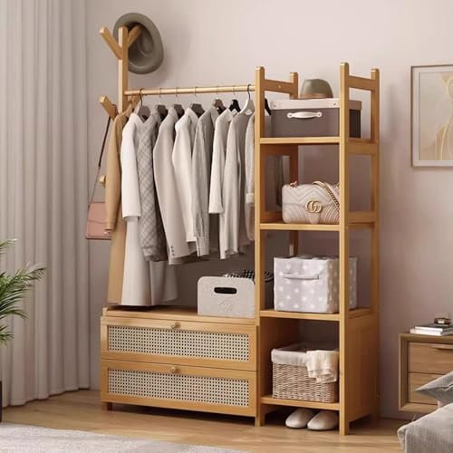Portant Penderie à Vêtements en Bambou, 4 en 1 Porte-Manteaux avec 4 Etagères De Rangement pour Chambre à Coucher Couloir Salon, Facile à Installer,Nature 100x30x158cm