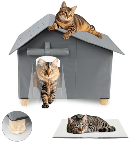 FHTONGE Große Katzenhaus Outdoor Winterfest, Erhöht Isoliert Katzenhütte Outdoor, Doppelte Fluchttür, Faltbar Katzenhäuser mit Abnehmbarem Kissen und Vorhang für Wildkatze