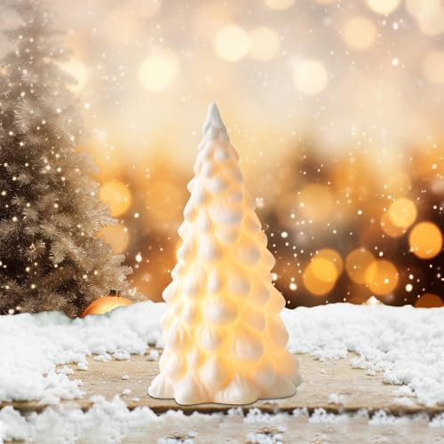 Weihnachtsdeko LED Weihnachtsbaum, Weihnachtsbaum mit LED Licht Porzellan Weihnachtsbaum Dekofigur Weihnachten Deko Weiß Weihnachtsbaum aus Keramik Tannenbaum Dekofigur für Weihnachten Tischdeko (B)