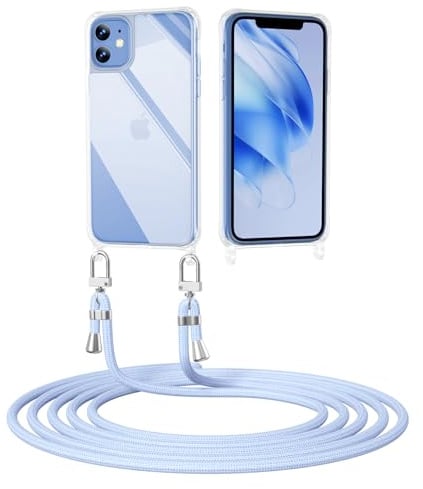 ScandiCasis Handyhülle mit Band für iPhone 12 Mini, Transparent Handyhülle mit Band Stoßfest Schutzhülle Necklace Phone Case, Hellblau