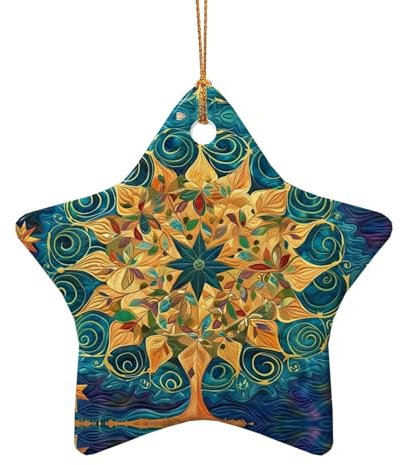 Ciondolo natalizio a forma di albero della vita, in ceramica, double-face, per artigianato, ornamento natalizio con cordoncino dorato