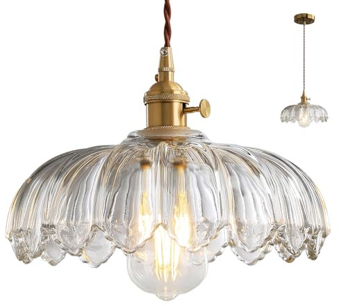 XZHGCEE Glass Pendant Light Fixture with Clear Flower Shade: Vintage Hanging Lights for Kitchen, Dining Room, Bedroom - Rotating Switch & 33-168cm Adjustable Height