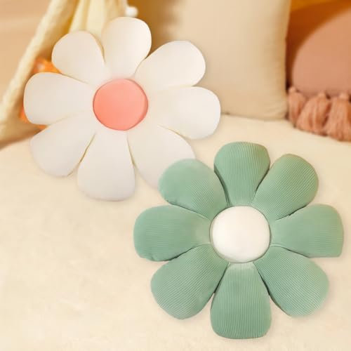 Blume Plüsch Bodenkissen, 2 Stück Blumensitzkissen in Blumenform, Sofakissen Kuschelkissen für Kinderzimmer Hause Sofa, 40cm x 40 cm (Weiß+Grün)