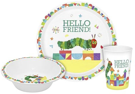 GEDA LABELS Kindergeschirr Raupe Nimmersatt Hello Friend 3-teilig Bunt Tierdruck Kindertischgeschirr-Set