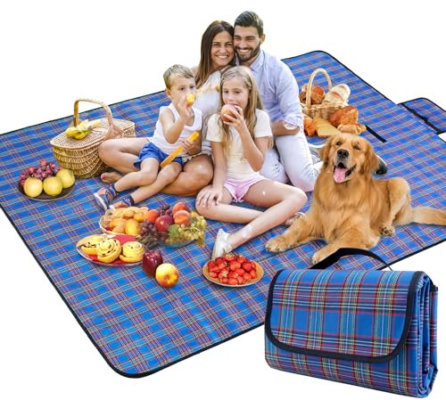 BAXIWUY Coperta da Picnic con Retro Impermeabile 150 x 200 cm Coperta da Spiaggia Portatile Tappetino da Picnic Pieghevole Tappetino da Spiaggia per Campeggio, Trekking, Montagna, Viaggi (Blu)