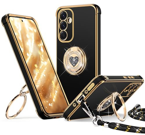 XYZ für Samsung Galaxy A56 5G Hülle mit Band, Herz Doppelring Ständer HandyHülle Handykette Frauen Mädchen Dünn Stoßfeste Anti-Kratzt SchutzHülle für Samsung A56 5G Case, Schwarz