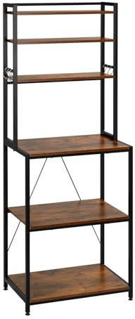 WOLTU Küchenregal stehend mit 6 Ablagen, Standregal Küche mit 6 Haken, Bäckerregal aus Metall & Ingenieurholz, Mikrowellen Regal für Wohnzimmer, 60 x 167 x 40 cm, Rustikales Braun+Schwarz