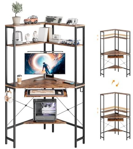 Dripex Corner Desk, Corner Right-Angle Computer Desk with Adjustable Shelves & Keyboard Tray, Hooks, Space-Saving Design for Home/Office/Gaming