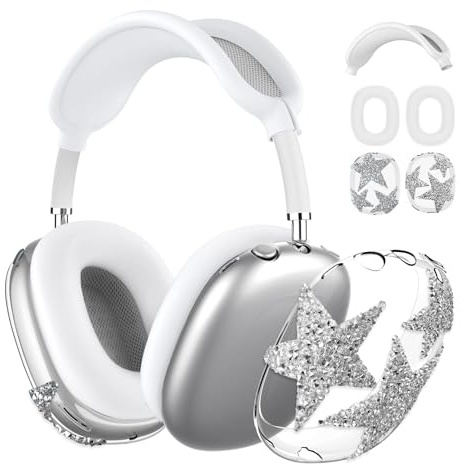 3-in-1 Case Cover for AirPods Max Headphones, Apple AirPod Max Accessory Protective Cover, Headband/Silicone Ear Pad/Clear TPU Shiny Rhinestone Star Ear Cups Covers, Anti-Scratch and Sweat-Proof