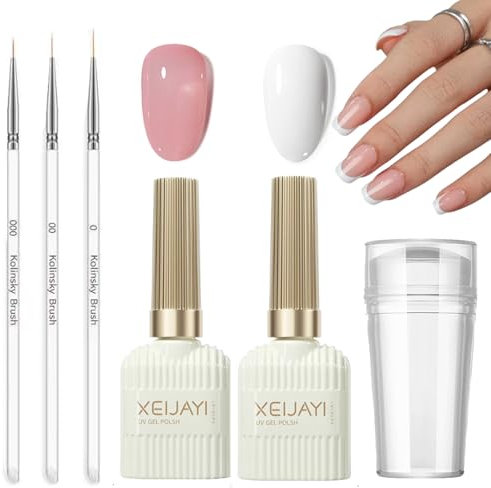 French Manicure Kit - Jelly Pink White Gel Nail Polish Set - Jelly Gel Kit for French Tip Manicure with 3Pcs Nail Art Pen and Nail Stamper - Long Lasting UV for Home DIY Salon