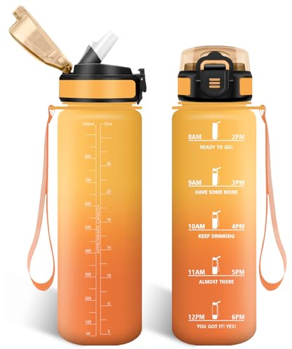 HoneyHolly Trinkflasche 1L mit Strohhalm, Trinkflasche Kohlensäure Geeignet, Wasserflasche Sport mit Zeitmarkierungen, Auslaufsichere und BPA-frei, Water Bottle für Fitnessstudio, Radfahren, Laufen