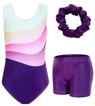 JiAmy Gymnastikanzug für Mädchen, Glitzer, Ballett, Tanz, Einteiler, Biketards, Sportbekleidung mit Shorts und Haarband für Kinder, Weiß-violette Geometrie, 11-12 Jahre