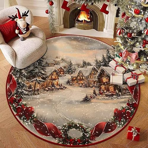 JynxtoyZeal Weihnachtsteppich Matten, Rund Weihnachtsmatte, Weihnachtsdeko Fußmatte, Weihnachts Türmatte, Non-Slip Doormat Christmas Pattern,Teppich Eingangsbereich- 60 x 60 cm
