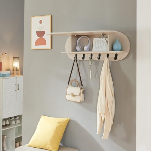 [en.casa] Wandgarderobe mit Ablage Vilkön Garderobenleiste mit 6 Haken Flur Garderobenpaneel 80 x 16 x 30 cm Wandregal Beige
