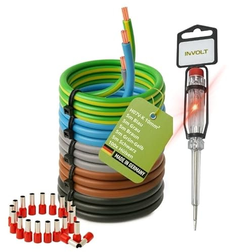 INVOLT H07V-K Verdrahtungsleitung 10mm² Set, 5x10m Kabel, 100 Aderendhülsen, Phasenprüfer