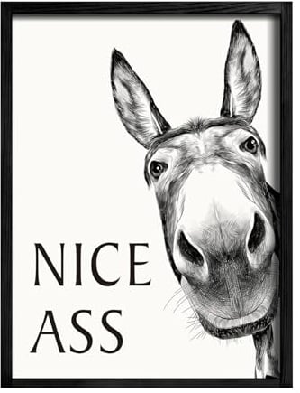 Genikeer Badezimmer Deko Bilder 30x40cm Lustiges Tier Poster Mit Rahmen - Nice Ass - Lustiger Esel Wanddeko Badezimmer Bilder, Schwarz Weiß Wandbild, WC Toilette Deko