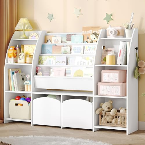 Hzuaneri Bibliothèque Enfant avec Porte-journaux, Meuble Rangement Enfant, Étagère à Jouets avec 3 colonnes, 4 étagères, 30 x 140 x 100 cm, Blanc KB13003W