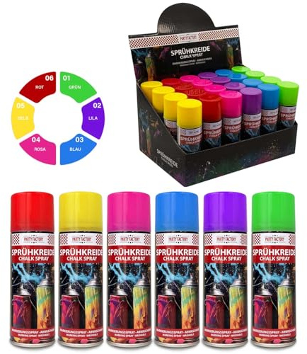 Party Factory Kreidespray 24er Set – Abwaschbare Sprühkreide für Kinder & Party – Wasserlösliche Kreidefarbe für Straßen & Rasen – Ungiftige Straßenkreide zum Sprühen – Buntes Markierungsspray 2400ml