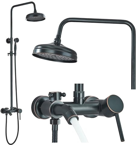 Ari Duschsystem Aufputz SlimTube mit Regendusche und Handbrause, Wandmontage Duscharmatur aus Messing mit Keramikventil, 150 cm Brauseschlauch