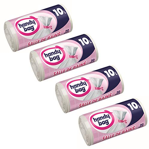 Handy Bag Rouleaux de 20 Sacs Poubelle 10 L, Pour Salle de Bains, Fermeture a Liens Hermetique, Resistant, Anti-Fuites, 34 x 40 cm, Blanc - Lot de 4