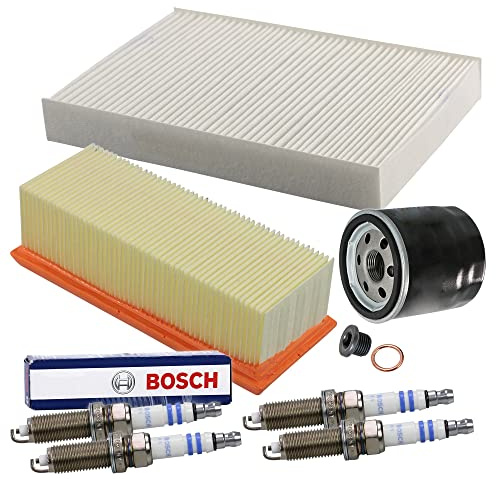 Inspektionspaket SET C 1x Ölfilter 1x Luftfilter 1x Innenraumfilter 4x Zündkerze Original BOSCH Super Plus VR8SC+ 1x Ölablass-Schraube 1x Dichtring für Ölablass-Schraube
