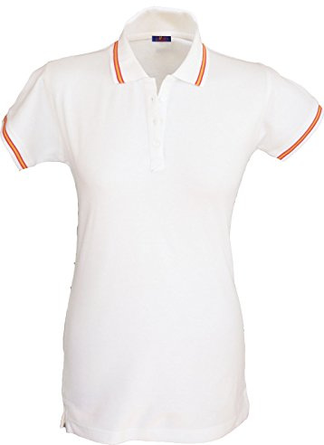 Pi2010 - Polo Mujer Bandera de España en Cuello y Mangas Blanco. 100% algodón