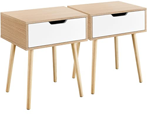 Yaheetech 2 Stück Nachttisch Nachtkommode mit 1 Schublade Holzbeine Nachtschrank Beistelltisch Sofatisch für Schlafzimmer/Wohnzimmer, 48,5 x 41 x 57,5 cm