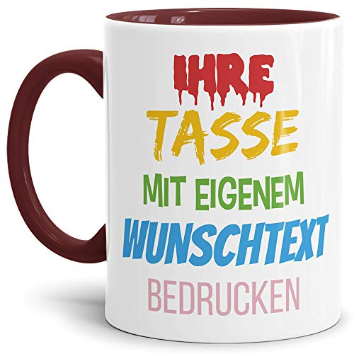Tasse selbst gestalten/mit eigenem Text beschriften/Wunsch-Name/Spruch-Tasse/Innen & Henkel Weinrot/Motiv für Linkshänder sichtbar
