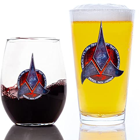 Movies On Glass Star Trek Klingon Warrior His and Hers Bar Set with Quotes in plqaD Special Edition in Universe Classic Color Line Includes Two Glasses - 16 and 15oz