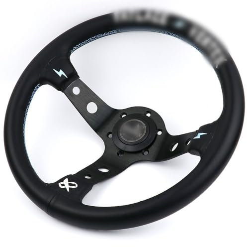 Sportlenkrad 13inch Vertex Weiß Stickerei Schwarz-echtes Leder Drift Sport Lenkräder mit blauen Nähten Holzlenkrad (Color : Black)