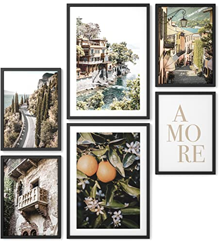 Papierschmiede® Mood Poster Set Italian Orange, Gerahmte Bilder (Rahmen: Material und Farbe wählbar), Wohnzimmer Deko Schlafzimmer, 2x DIN A3 und 4x DIN A4, Italien Toskana Urlaub Amore