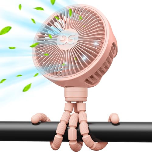GUSGU Large Stroller Fan Clip on for Baby, Flexible Tripod & Battery Powered Pram Fan, Portable Handheld Fan for Bedroom, Car Seat, Travel, Camping, Pink