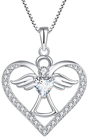 FJ Herz Schutzengel Kette Damen 925 Sterling Silber Engel Engelsflügel Halskette Anhänger Weiß Zirkonia April Geburtsstein Kette Schmuck Geschenke für Frauen Mädchen