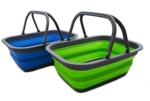 SAMMART 9.2L Collapsible Tub with Handle - Portable Outdoor Picnic Basket/Crater - Foldable Shopping Bag - Space Saving Storage Container (Green & Pink, 2)
