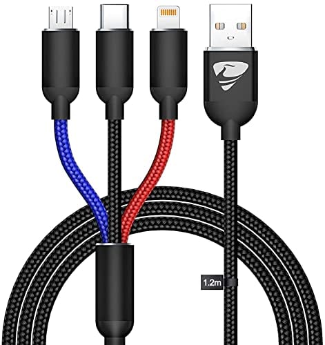 Yosou Multi Charger Cable 3 in 1 Charging Cable 1.2M Multiple USB Cable Nylon Multi Lead with iP Micro USB Type C Connector for iPhone 11 12 XR 10, Android Galaxy S20 S9 S7 J6 A10, Huawei, Sony, PS4