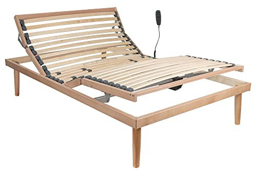 Comprarredo Rete ortopedica elettrica motorizzata in legno di faggio naturale con regolatori di portanza, due motori indipendenti, batteria di emergenza e telecomando, piazza e mezza 120x190