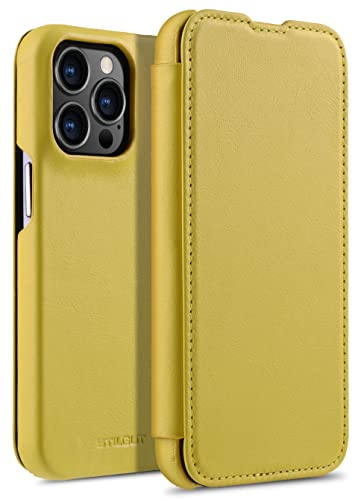 STILGUT Book Case kompatibel mit iPhone 13 Pro (6.1“) Hülle aus italienischem Leder - iPhone 13 Pro Handyhülle Italian Collection, Gelb