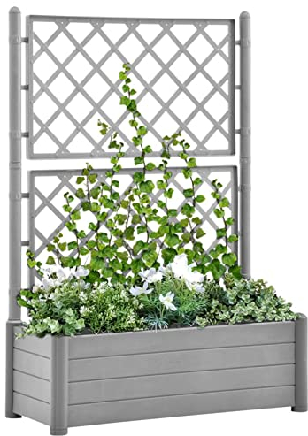 Gecheer Pflanzkübel mit Spalier Gartenspalier Rankgitter Rankhilfe Pflanzkasten Blumenkübel Hochbeet Blumenkasten Polypropylen Steingrau 100x43x142 cm