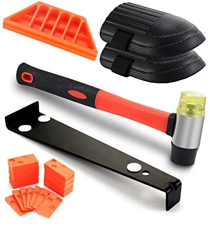 Moendergo Kit d'installation de Parquet en Bois Stratifié Kit Pose Parquet Stratifié, Outils de Sol en Vinyle avec 60 Entretoises Tirant Bloc de Frappe en Caoutchouc Marteau Double Face Genouillères