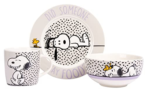 Juego de desayuno The Peanuts Snoopy - ¿Alguien dijo comida? Vajilla infantil 3 piezas plato, bol y taza de porcelana Blanco