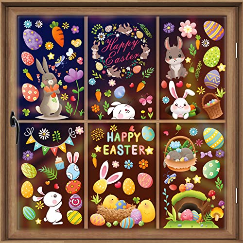 AhfuLife 180 pcs Adesivi Pasquali Finestra, 9 Fogli di Coniglietto Pasquale per Bambini, Adesivi per Finestre Riutilizzabili su Due Lati per Decorazioni di Pasqua per la Casa e L'ufficio (Stile 3)