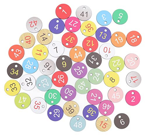 50PCS Zahlen Tags, Plastik ID Nummern Tags, Bunte Runde Nummerierte Tags, Leichte Kleine Nummern Etiketten mit Loch, Werkzeugmarken, für Wohnheim Schließ Fächer(1-50)